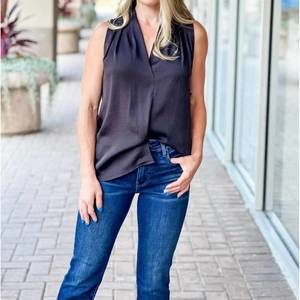 NEW KLD. SIGNATURE satin surplice shoulder pleated top in black